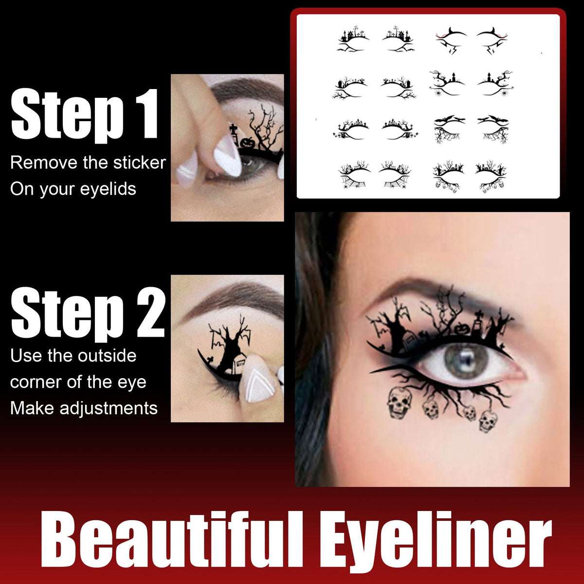 Instructions for applying decorative eyeliner stickers with step-by-step guide and product display.