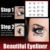 Instructions for applying decorative eyeliner stickers with step-by-step guide and product display.