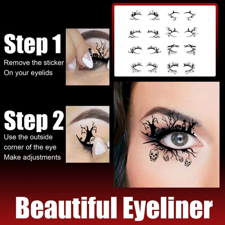 Instructions for applying decorative eyeliner stickers with step-by-step guide and product display.