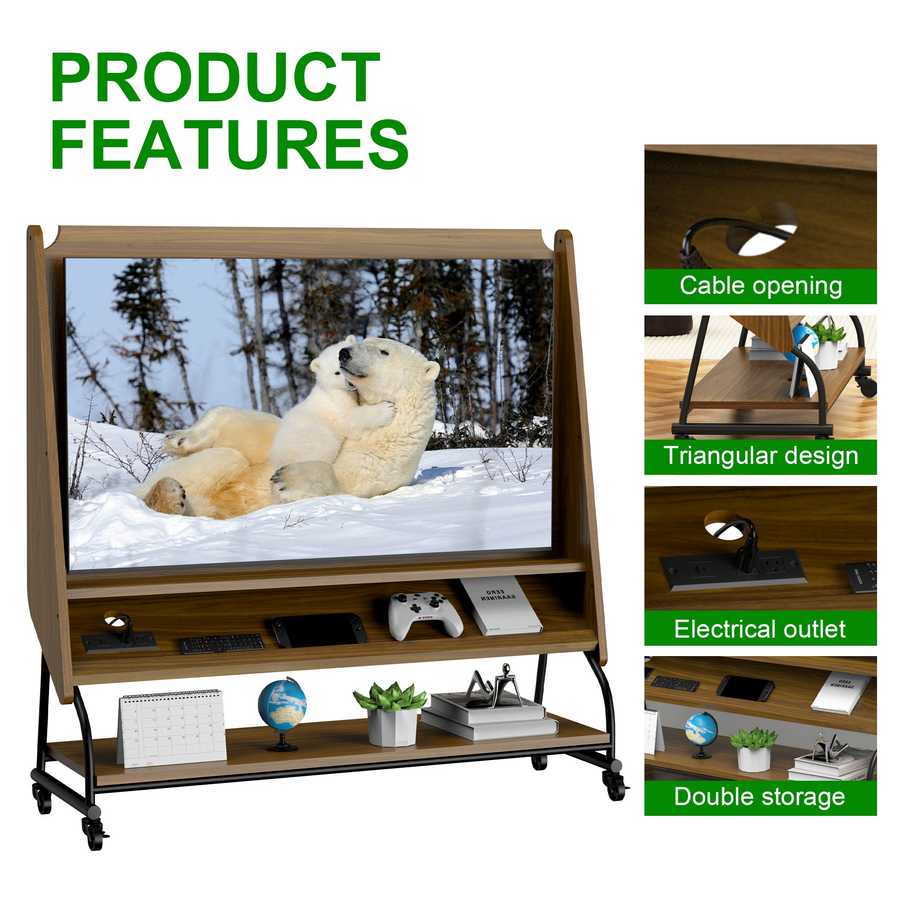 TV Cabinet with cable opening, triangular design, power outlet, and double storage shelves for electronics and accessories.