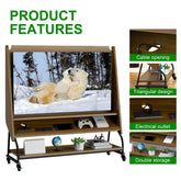 TV Cabinet with cable opening, triangular design, power outlet, and double storage shelves for electronics and accessories.