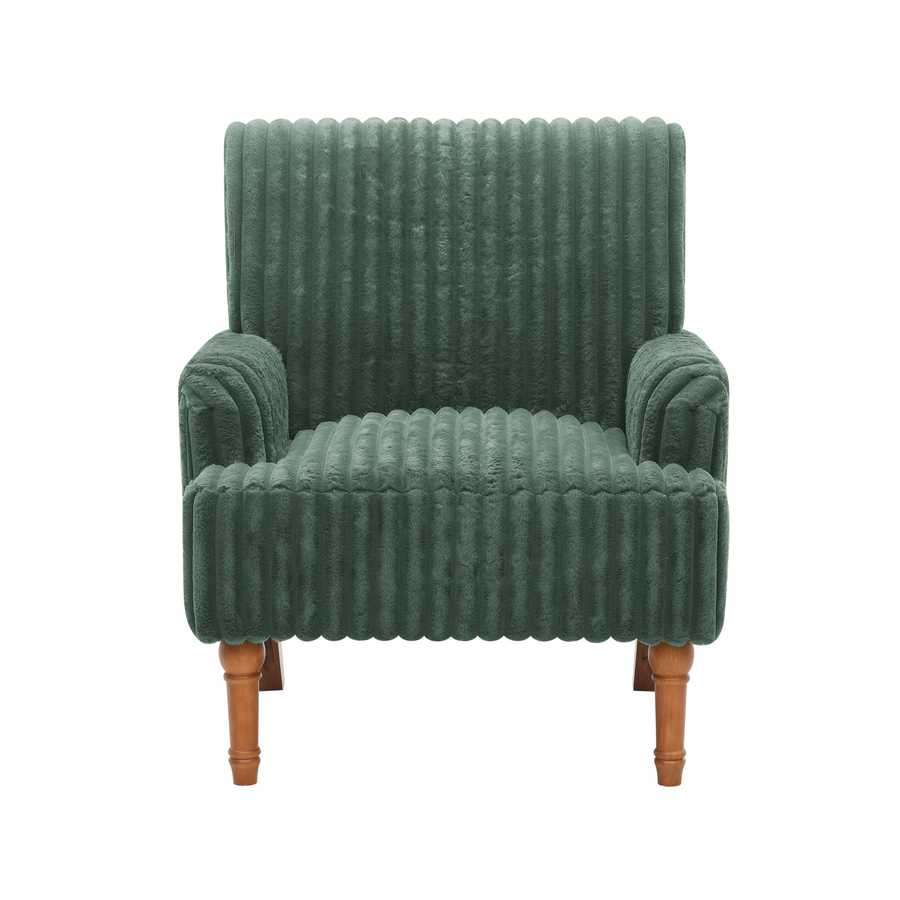 Green textured armchair with wooden legs on a white background