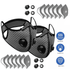 Two black face masks with filter cartridges on a white background