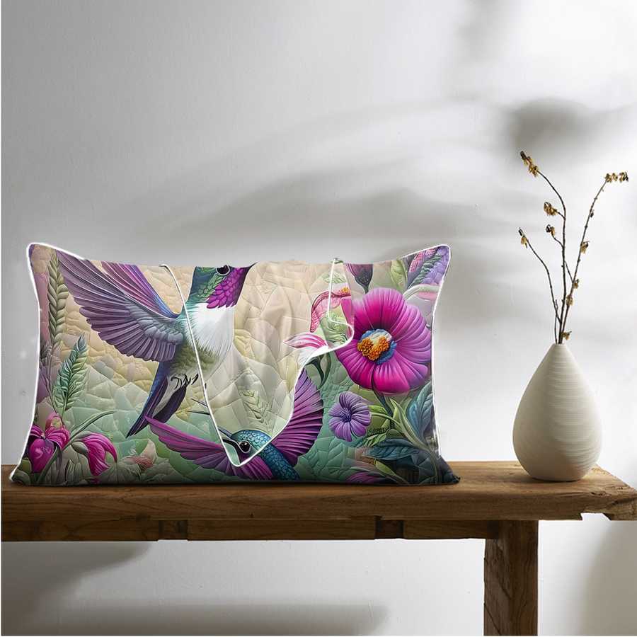 Decorative pillow with floral and bird design on a wooden bench with a vase.