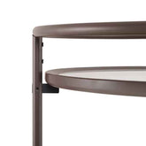 Close-up of a brown metal shelf with a white surface on a white background