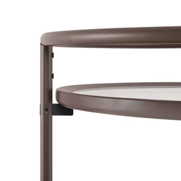 Close-up of a brown metal shelf with a white surface on a white background