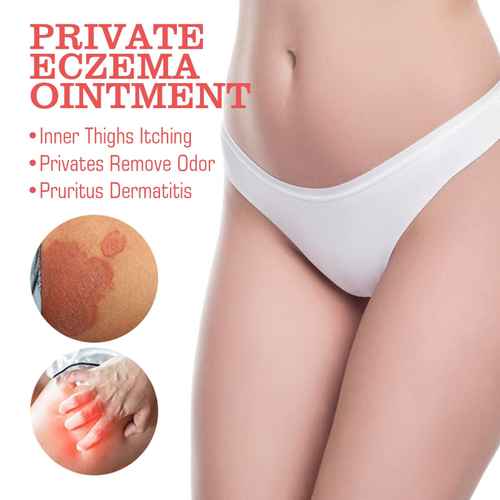 Advertisement for private eczema ointment showing a person wearing white underwear with text about its benefits.