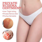 Advertisement for private eczema ointment showing a person wearing white underwear with text about its benefits.