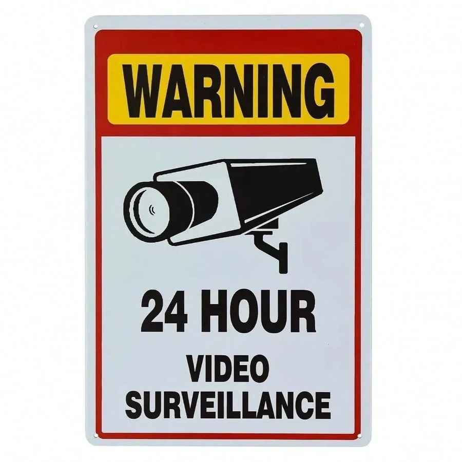 Warning sign with 24-hour video surveillance text and icon on a white background
