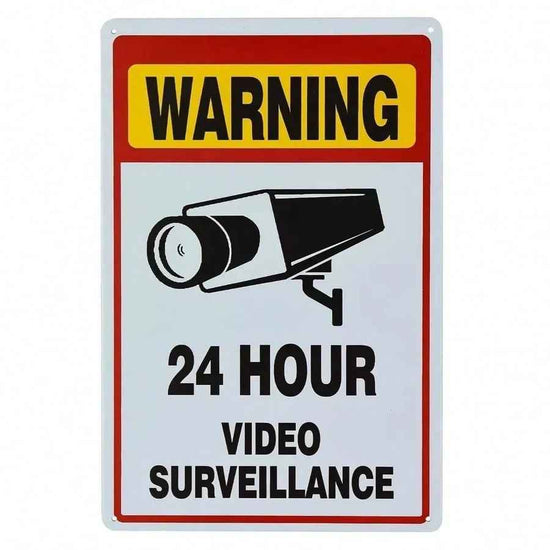 Warning sign with 24-hour video surveillance text and icon on a white background