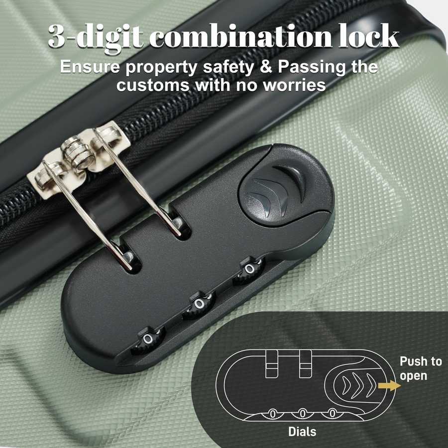 Close-up of a 3-digit combination lock on a green suitcase with text emphasizing safety.