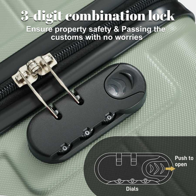 Close-up of a 3-digit combination lock on a green suitcase with text emphasizing safety.