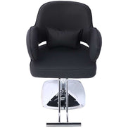 Heavy Duty Salon Styling Chair in black with wide seat and pillow, front view showcasing adjustable chrome base and footrest.