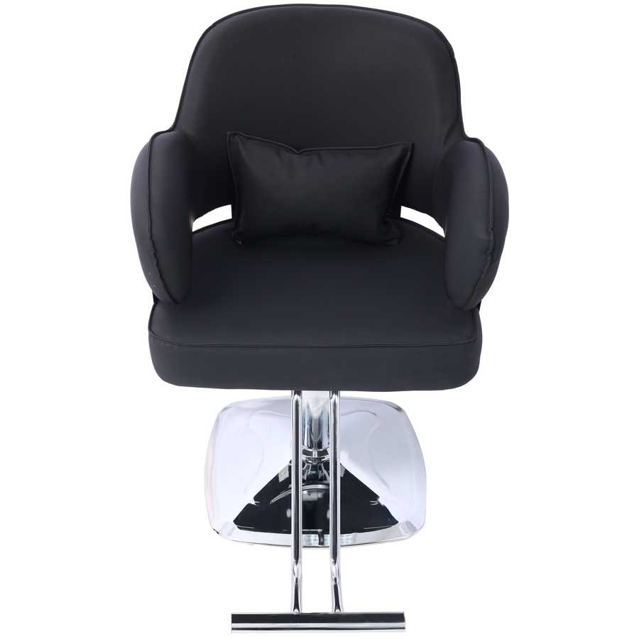 Heavy Duty Salon Styling Chair in black with wide seat and pillow, front view showcasing adjustable chrome base and footrest.