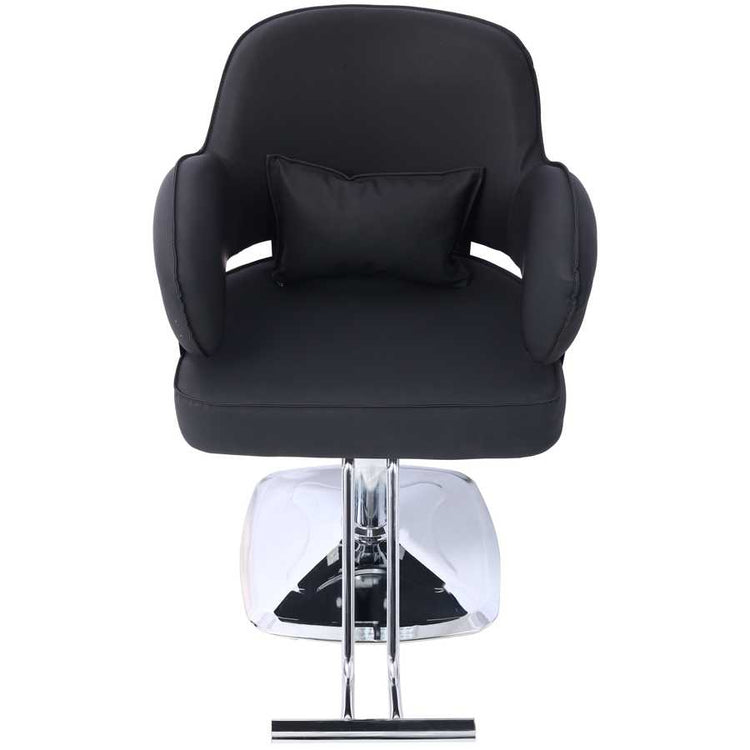 Heavy Duty Salon Styling Chair in black with wide seat and pillow, front view showcasing adjustable chrome base and footrest.