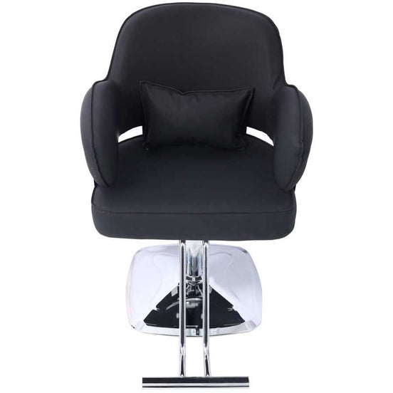 Heavy Duty Salon Styling Chair in black with wide seat and pillow, front view showcasing adjustable chrome base and footrest.