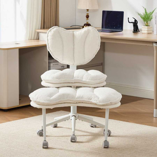 Flexible Meditation Chair with Lumbar Support in white boucle fabric, shown in a home office setting with criss cross design and adjustable seat.