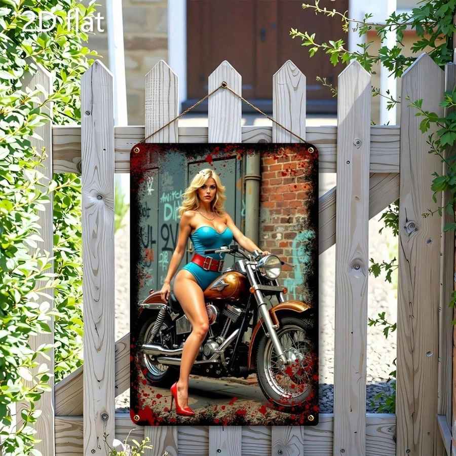 A rectangular metal wall sign with rounded corners hangs on a white picket fence outdoors. The sign features a stylized photo of a blonde woman in a blue swimsuit and red high heels seated on a motorcycle, with a distressed brick-and-door background and red splatter accents.