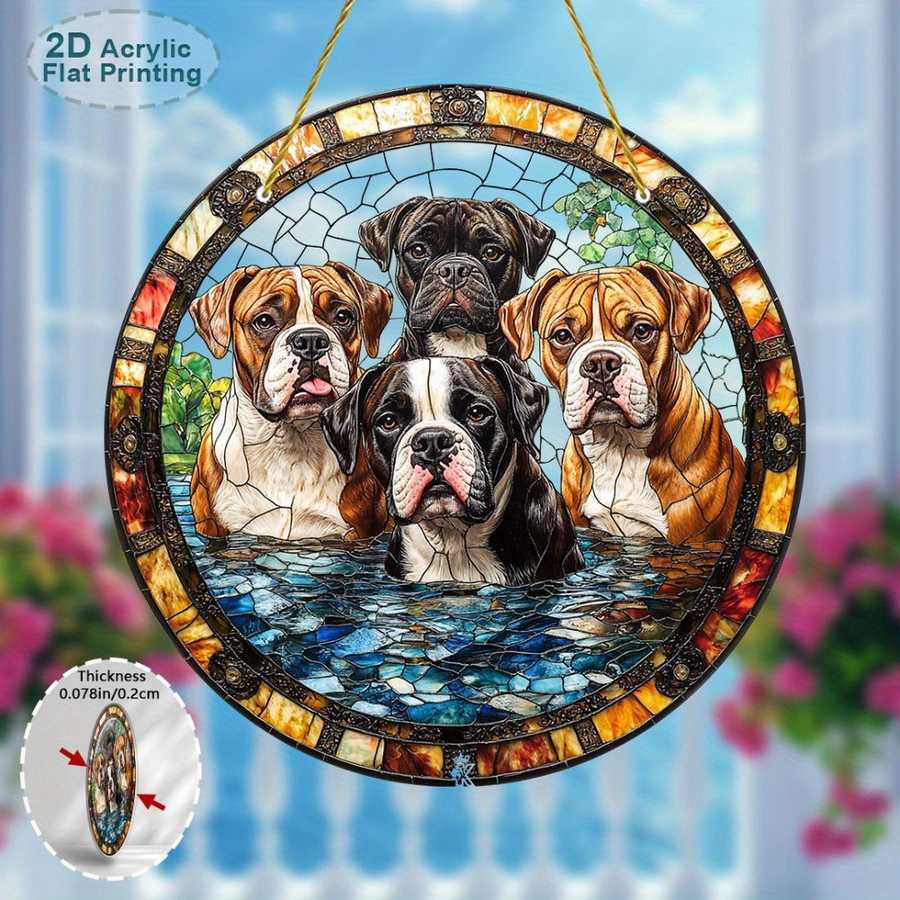 Boxer Dog Wall Art hanging outdoors, featuring colorful stained glass design on acrylic, perfect for dog lovers and home decor accents.