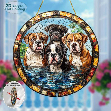 Boxer Dog Wall Art hanging outdoors, featuring colorful stained glass design on acrylic, perfect for dog lovers and home decor accents.