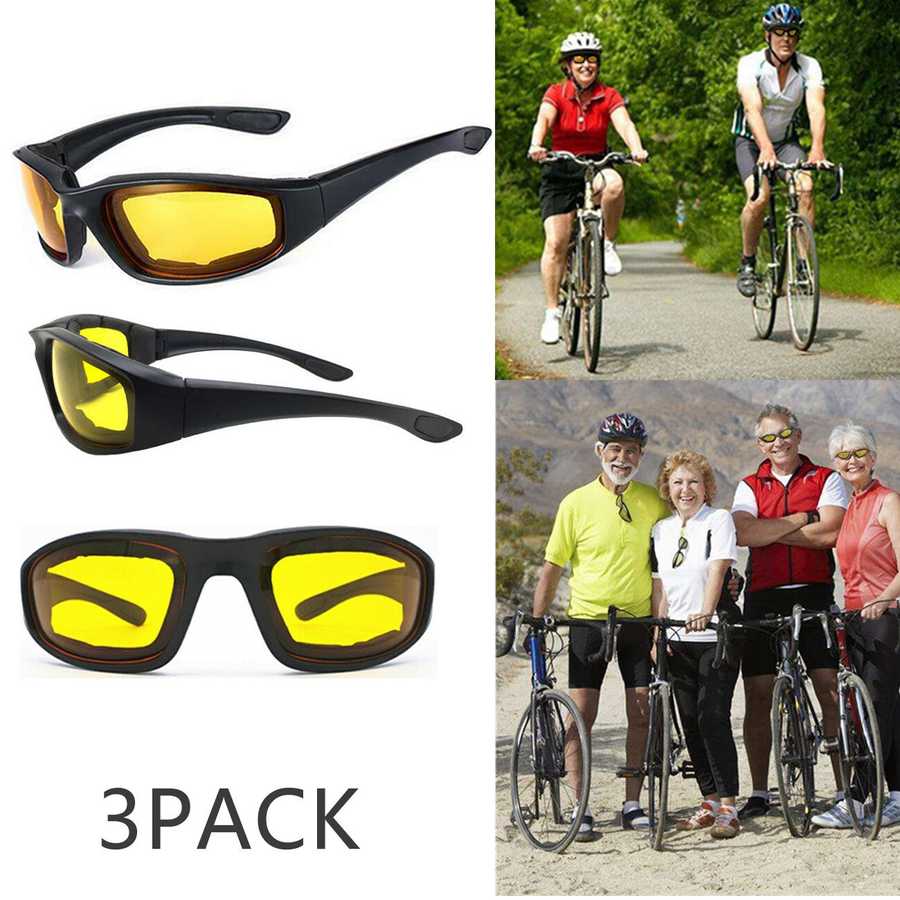 Three pairs of sunglasses with yellow lenses, shown with people cycling and standing together.