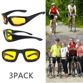 Three pairs of sunglasses with yellow lenses, shown with people cycling and standing together.