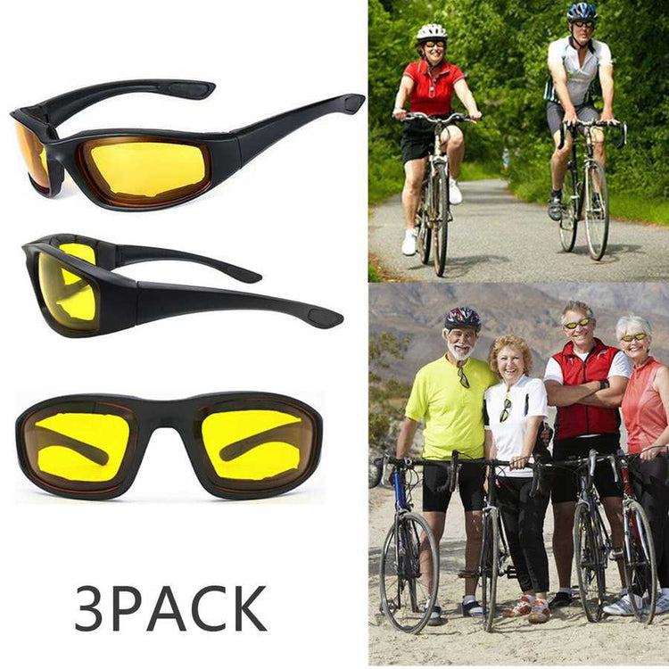 Three pairs of sunglasses with yellow lenses, shown with people cycling and standing together.