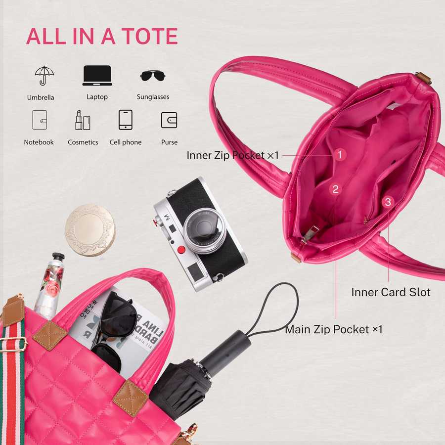 Pink tote bag with labeled compartments and items on a white background
