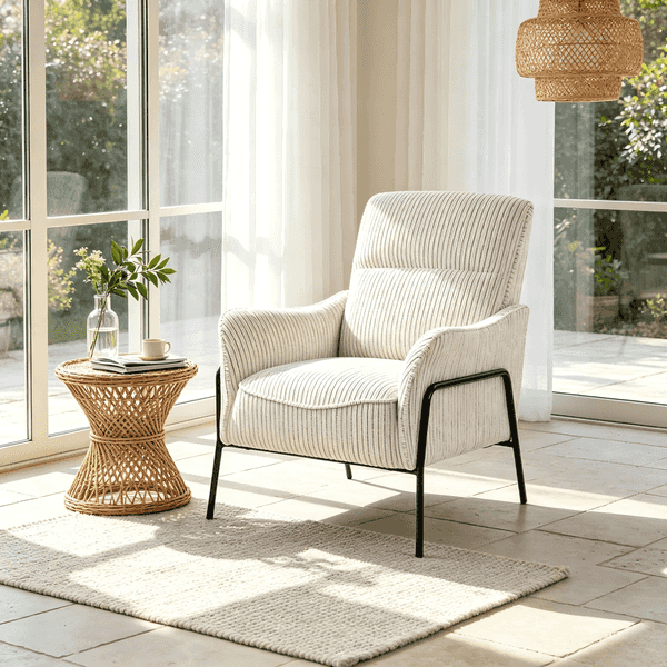 A cream-colored ribbed fabric armchair with black metal legs, styled in a bright room next to a woven side table.