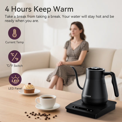 Gooseneck Electric Kettle with ±1℉ Temperature Control for Pour Over Coffee & Tea, Quick Heating, Hot Water Boiler, 1200W