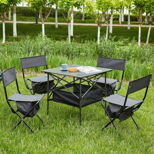 Set of 5, Folding Outdoor Table and Chairs Set for Indoor, Outdoor Camping, Picnics, Beach,Backyard, BBQ, Party, Patio, Black/Gray