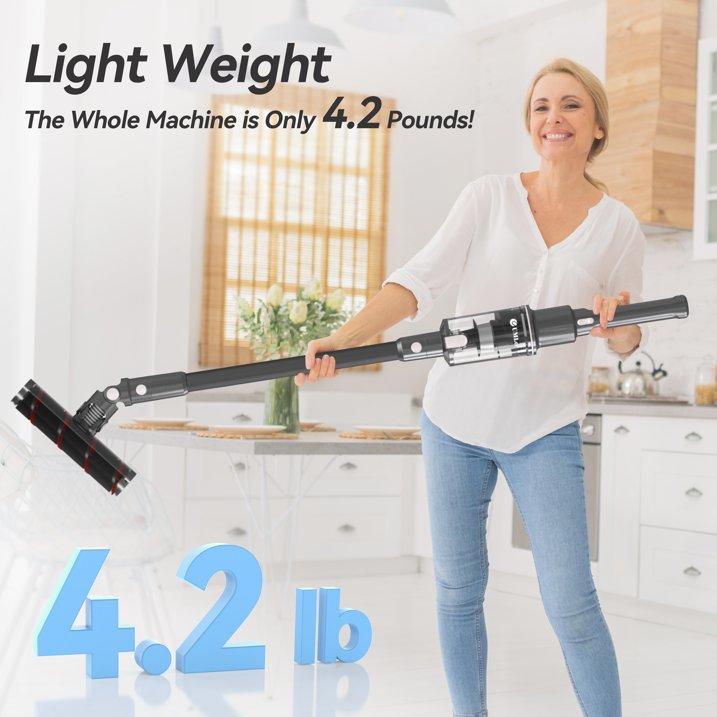 V101 Gray Cordless Vacuum Cleaner 22Kpa Powerful Suction is lightweight at only 4.2 lbs, making it easy to carry and maneuver during cleaning.