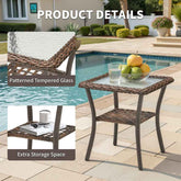 Outdoor side table with patterned tempered glass top and extra storage space by a pool.