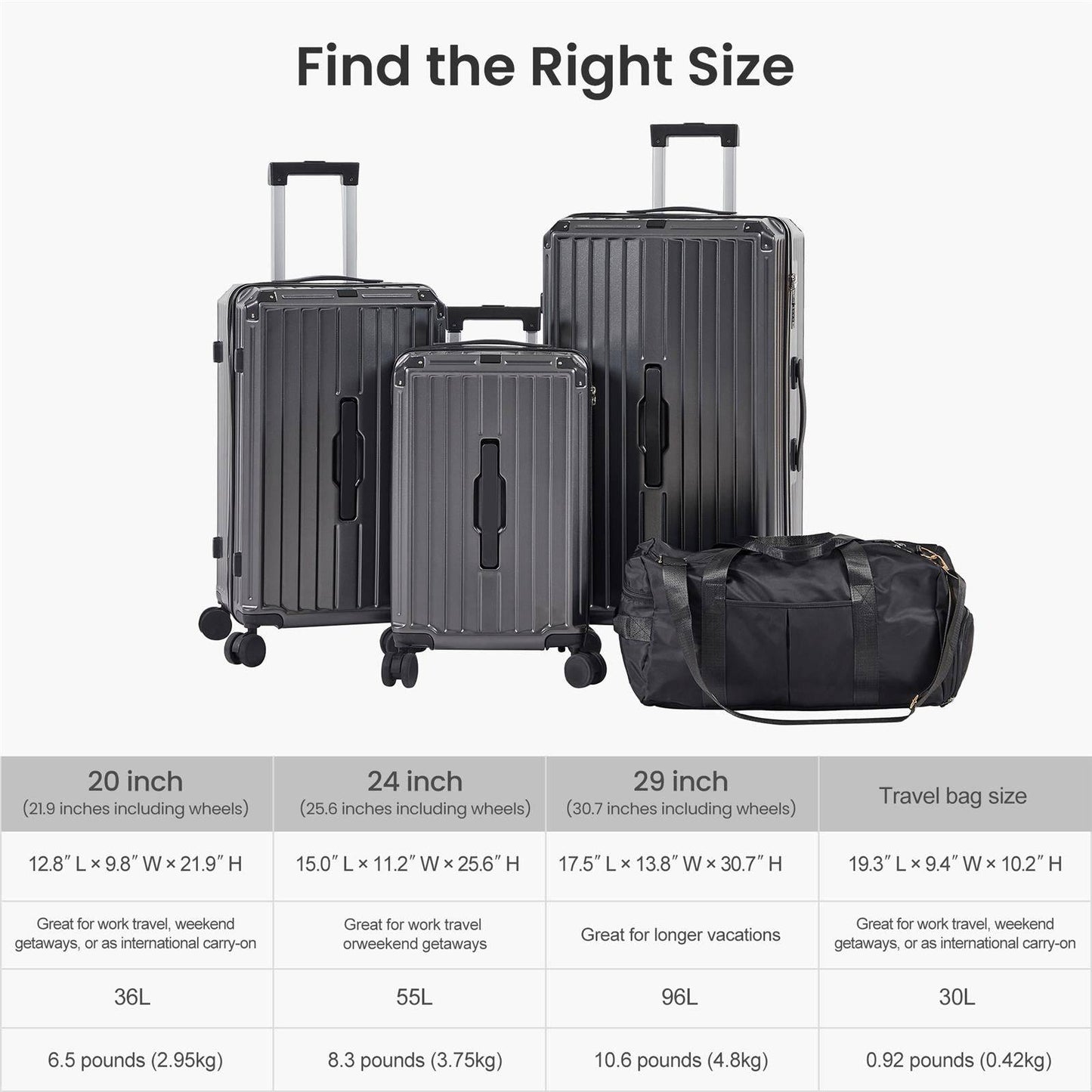 Luggage Set 4 pcs (20"/24"/29"/Travel Bag), PC+ABS Durable Lightweight Luggage with Collapsible Cup Holder, 360° Silent Spinner Wheels Gray