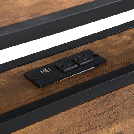 Queen Size Metal Platform Bed Frame with Wooden Headboard and Footboard with USB LINER, No Box Spring Needed, Large Under Bed Storage