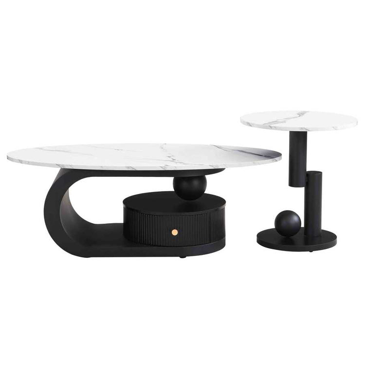 Nesting Coffee Table Set - Oval & Round | MDF+Iron with white faux marble tops and artistic black iron frames, includes storage drawer.