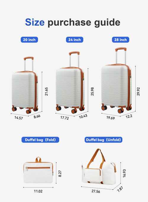 Folded and unfolded large capacity duffel bags in white with orange accents, showing dimensions and internal organization for travel.