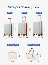 Folded and unfolded large capacity duffel bags in white with orange accents, showing dimensions and internal organization for travel.