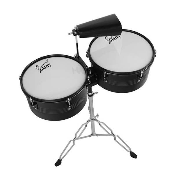 Percussion 13" & 14" Timbales Drum Set with Stand and Cowbell Black