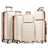 Set of beige suitcases with brown handles and wheels on a white background