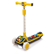 Yellow kids' scooter with buildable blocks and dimensions