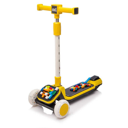Yellow kids' scooter with buildable blocks and dimensions