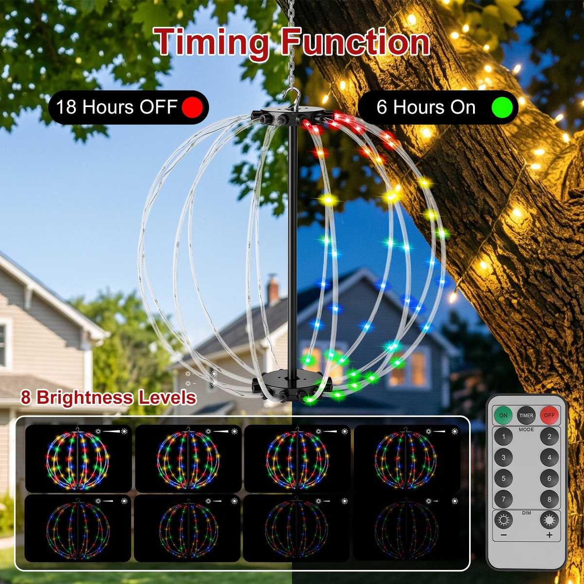 LED ball lights timer, 6 hours on and 18 hours off, 8 brightness levels and remote