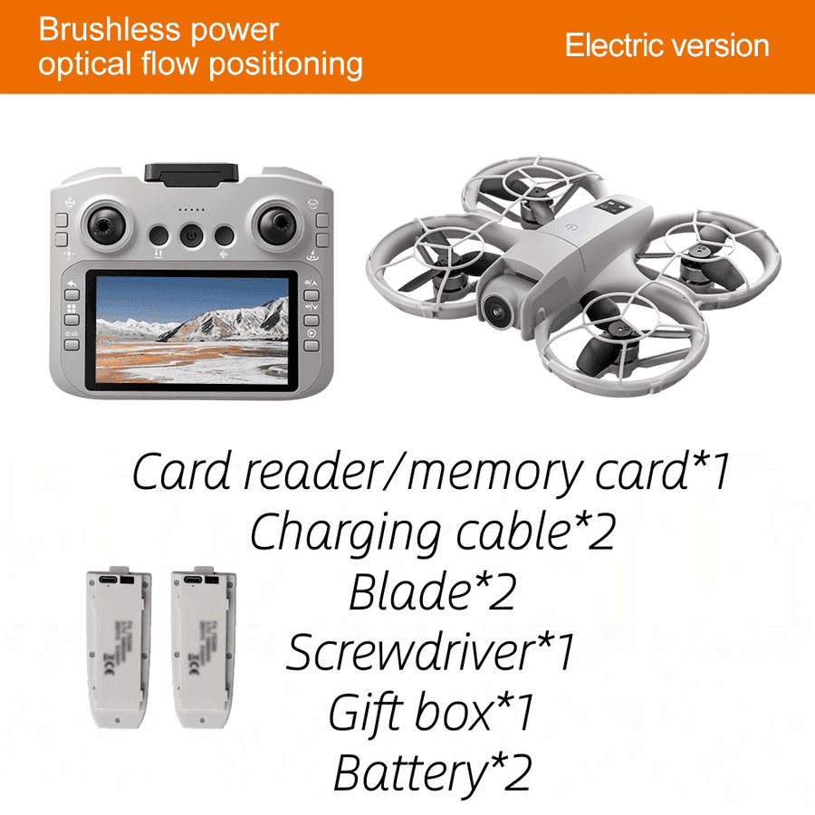 Drone with remote control, batteries, and accessories on a white background