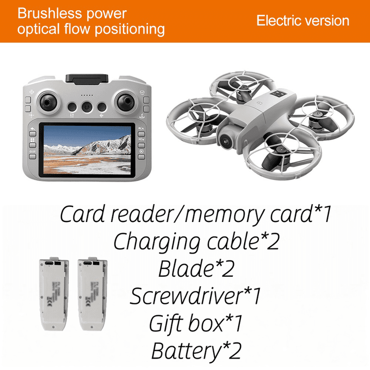 Drone with remote control, batteries, and accessories on a white background