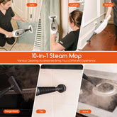 Collage of a 10-in-1 steam mop being used on various surfaces with cleaning accessories displayed.