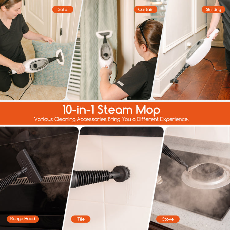 Collage of a 10-in-1 steam mop being used on various surfaces with cleaning accessories displayed.