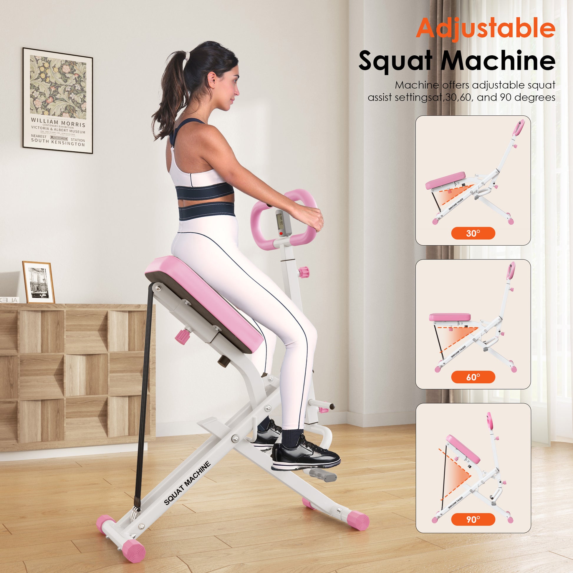 Adjustable Squat Machine with 30°, 60°, and 90° incline settings for customizable full-body workouts at home.