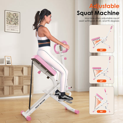 Adjustable Squat Machine with 30°, 60°, and 90° incline settings for customizable full-body workouts at home.