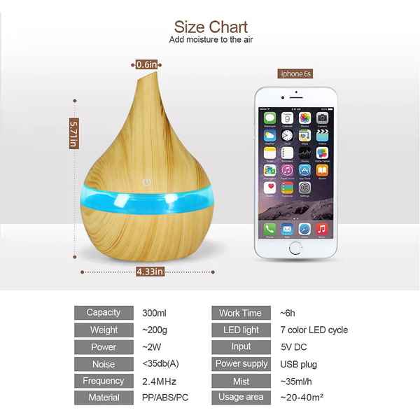 Wooden diffuser with blue band next to an iPhone 6s for size comparison, with a size chart overlay.